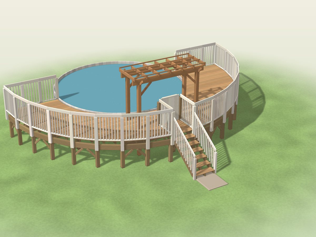 Half-round wood deck with railings, stairs and a pergola corner around a round above ground pool