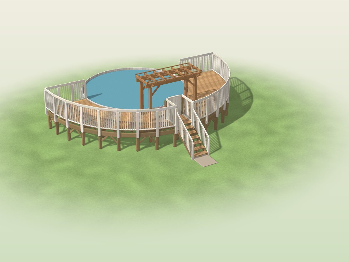The half-round deck around the pool, seen from the front