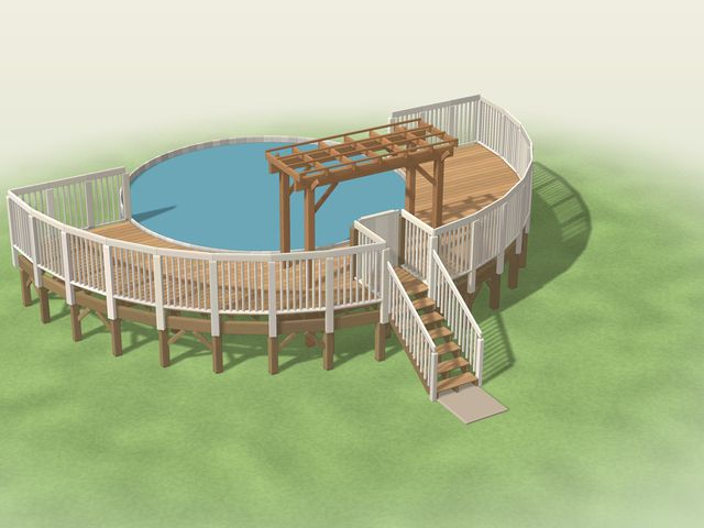 Half-round wood deck with railings, stairs and a pergola corner around a round above ground pool
